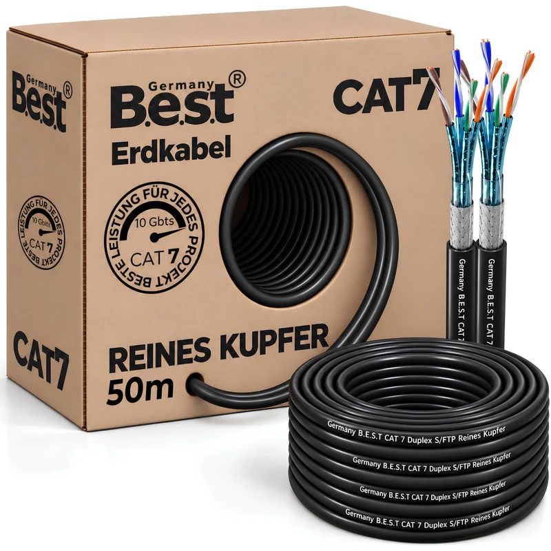 CAT 7 50M Duplex Erdkabel Netzwerkkabel Outdoorkabel LAN Kabel Ethernetkabel S/FTP 10 Gbit/s Kat 7 reines Kupfer PoE+ LSZH Datenkabel