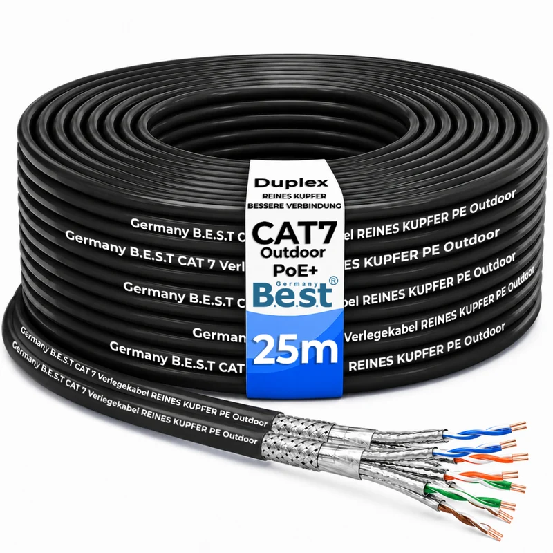 CAT 7 25M Duplex Erdkabel Netzwerkkabel Outdoorkabel LAN Kabel Ethernetkabel S/FTP 10 Gbit/s Kat 7 reines Kupfer PoE+ LSZH Datenkabel